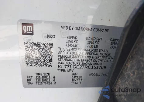 2024 Chevrolet Trax Fwd 1Rs z USA, uszkodzony, nr VIN KL77LGE27RC151709